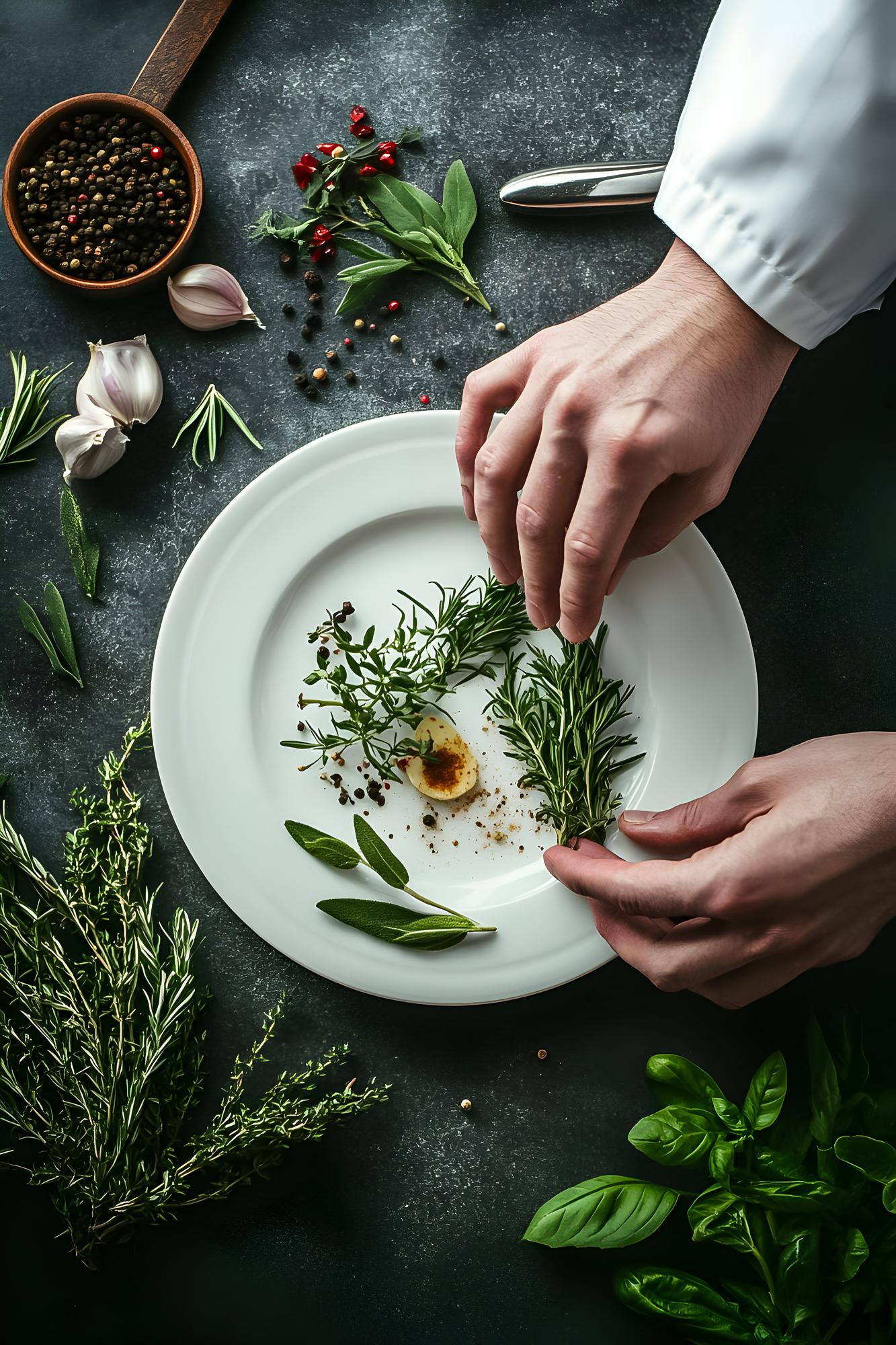 Chef arranging herbs on a plated dish in a studio kitchen